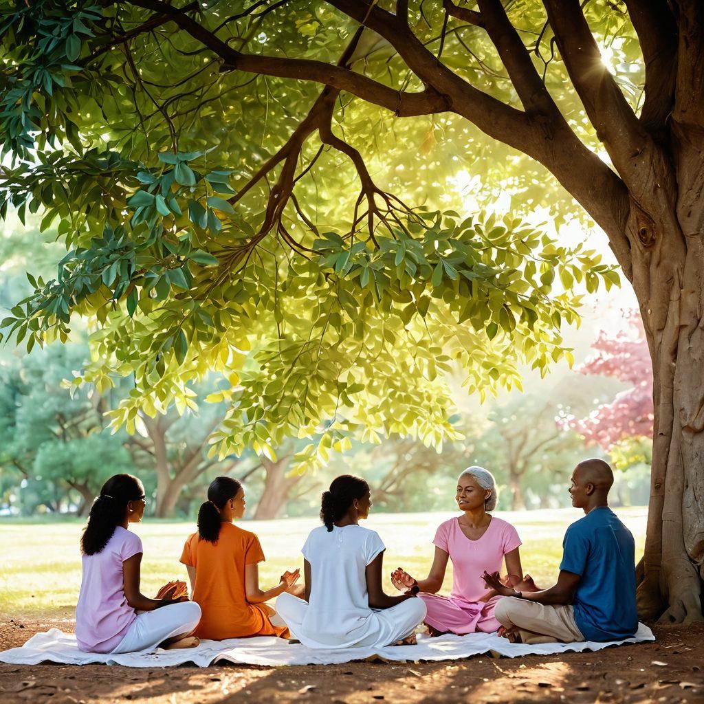 A serene scene depicting a diverse group of people engaging in conversation under a tree, symbolizing support and unity in the fight against cancer. Light filters through the leaves, creating a warm, hopeful atmosphere. Incorporate subtle cancer awareness symbols like ribbons and lotus flowers in the background. Adding a soft glow to the scene to evoke a sense of empowerment and resilience. vibrant colors. super-realistic.