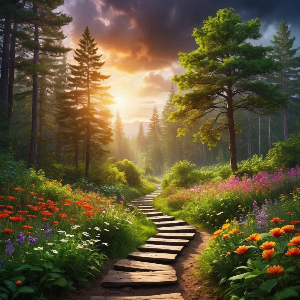 A serene landscape depicting a path through a lush green forest, symbolizing the journey from illness to wellness. Along the path, vivid flowers bloom representing hope, while subtle silhouettes of people practicing yoga and meditation emphasize holistic health. The sky above transitions from a dark storm to bright sunshine, encapsulating the theme of overcoming adversity. super-realistic. vibrant colors. peaceful atmosphere.